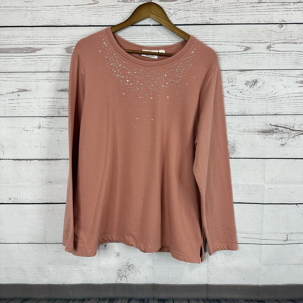 Quacker Factory Sweatshirt Womens Large Pink Terry Embellished Sparkle Basic